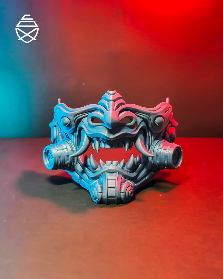 Cyberpunk Oni Mask Japanese Demon Samurai Tetsu Mask Red Futuristic Wall Art Decor Horned Warrior Helmet Sculpture Fantasy Gaming Decor