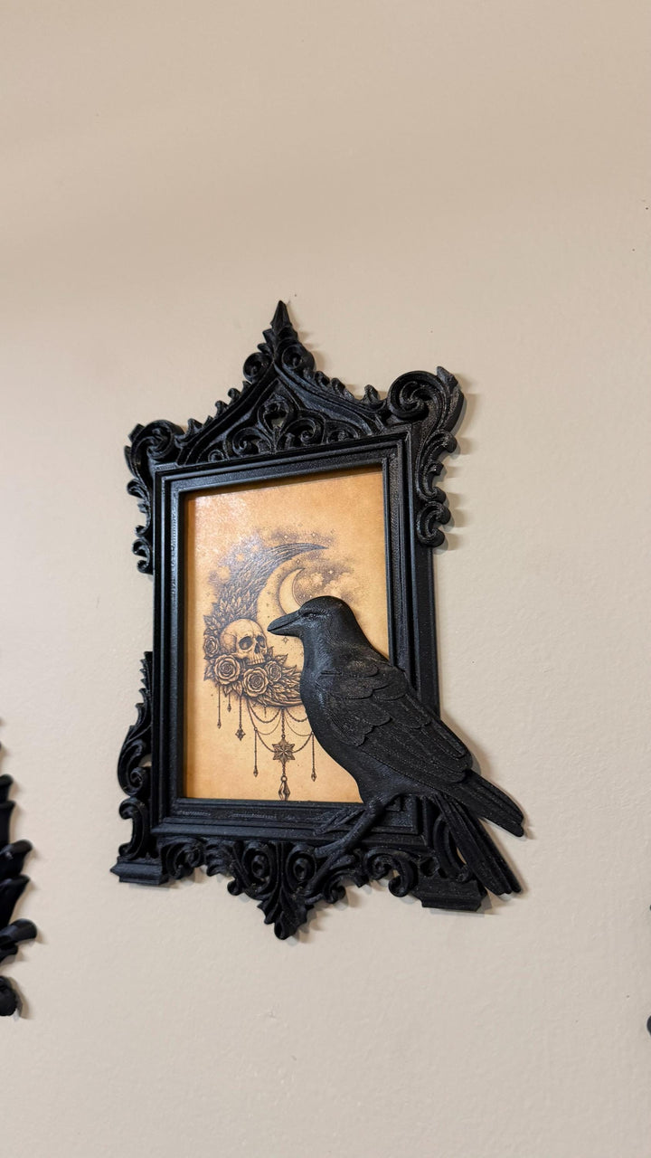 Gothic Raven Frame Wall Decor | Black Crow Ornate Victorian Picture Frame | Dark Academia Halloween Decor | Spooky Bird Wall Art